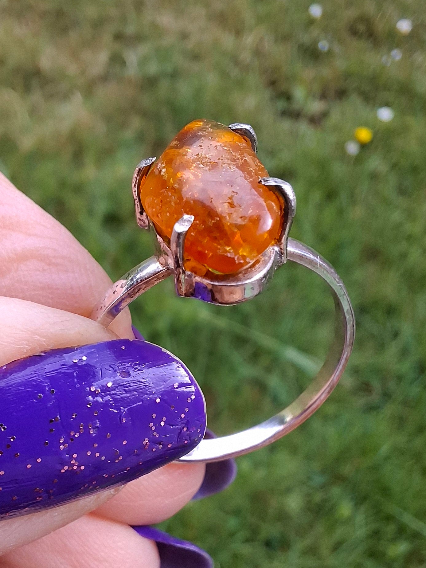 Baltic Amber Ring, size large T/small U, 925 Silver, Fossil (Ref: AR19)