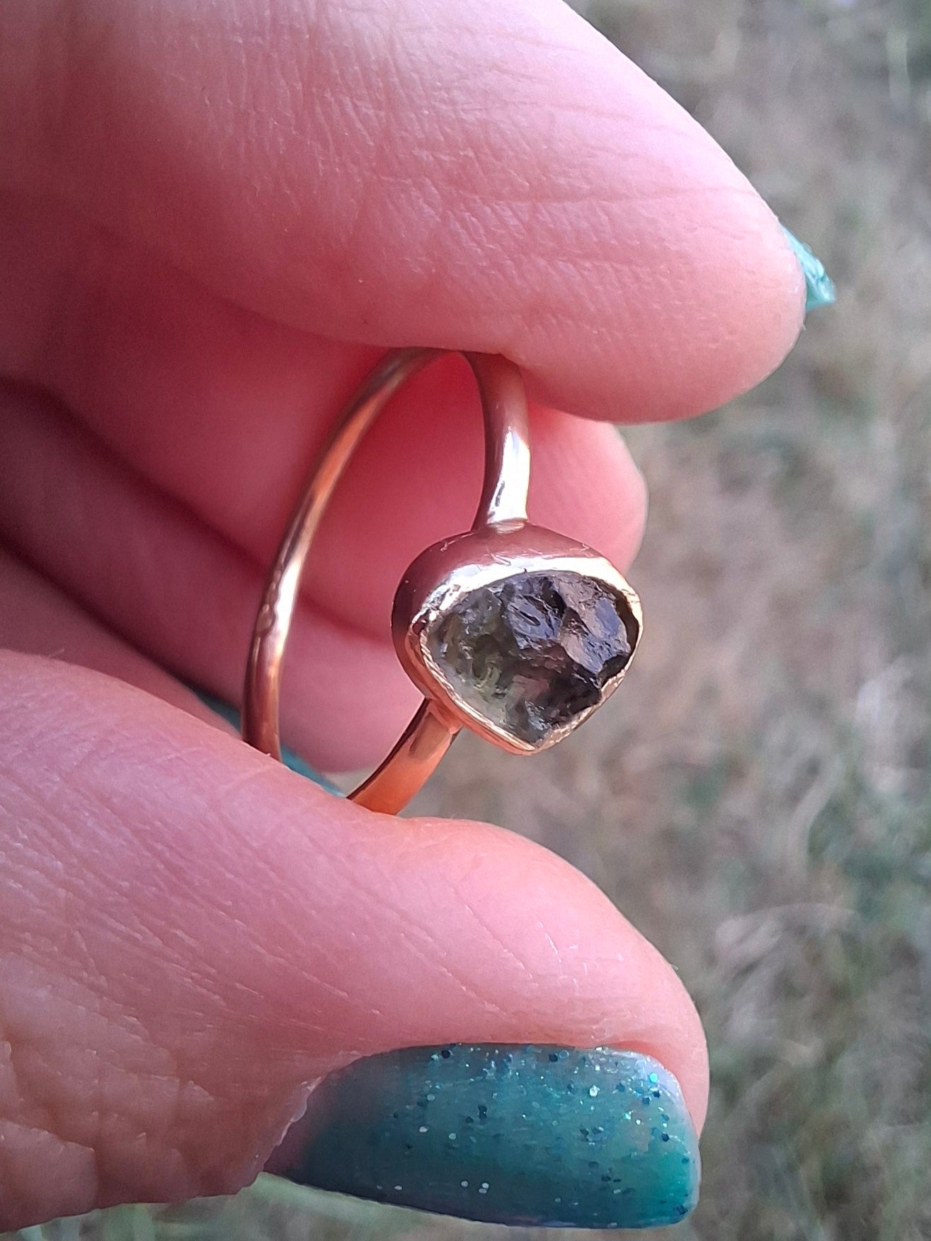 Moldavite Ring, 14K GOLD Plated, size large L, Tektite (Ref: R343)