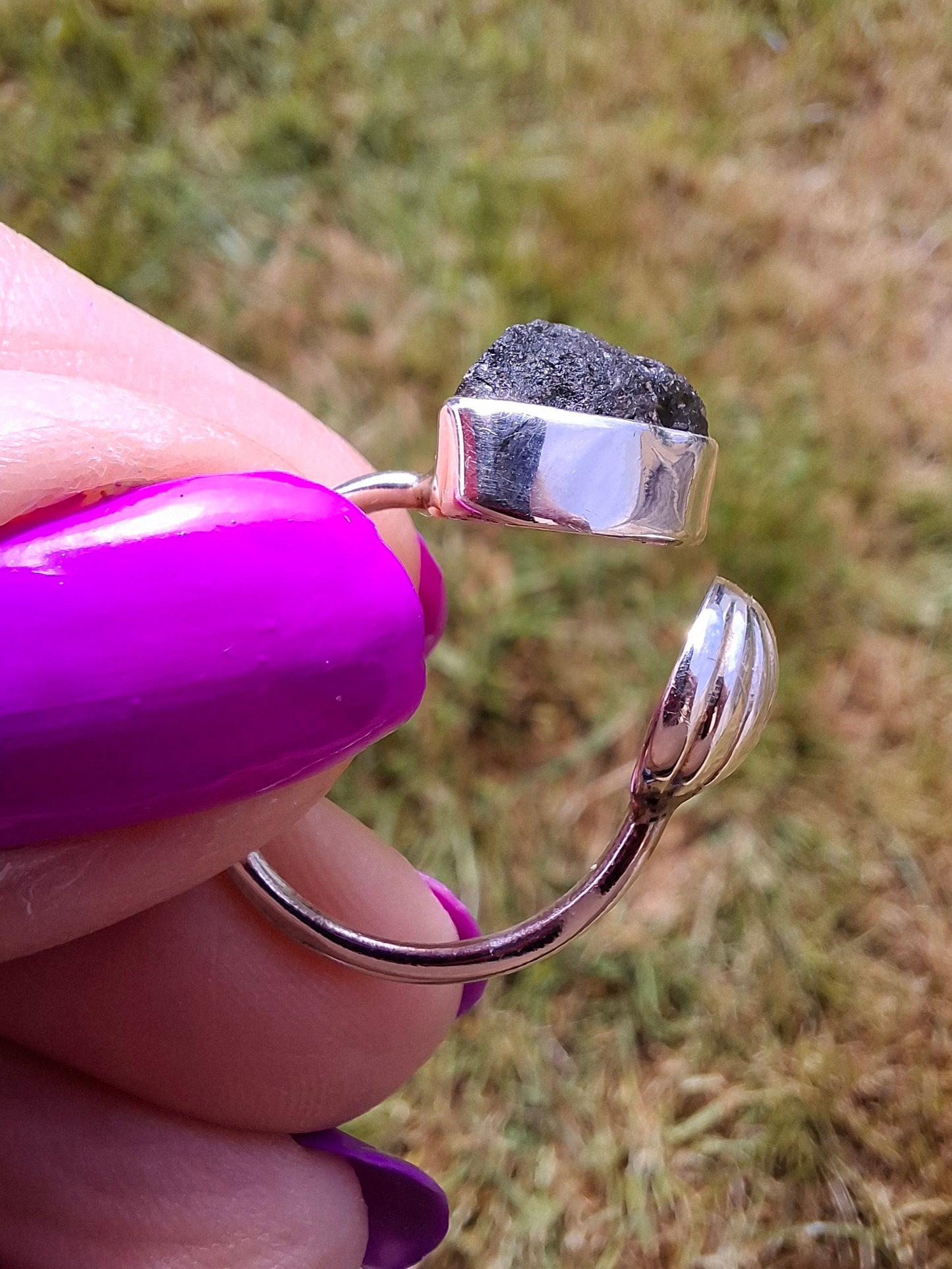 Moldavite ADJUSTABLE Ring, size large N, 925 Silver, Tektite (Ref: AR 39)
