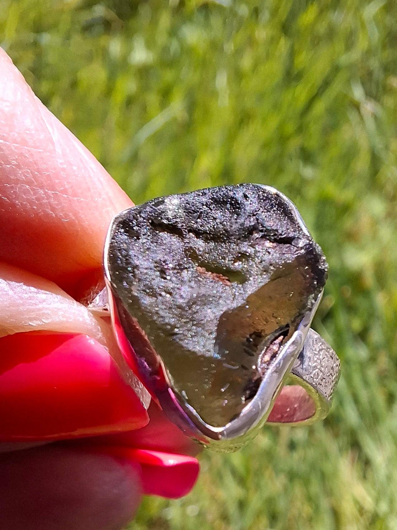 Moldavite Ring, size R, 925 Silver, Tektite (Ref: R317)