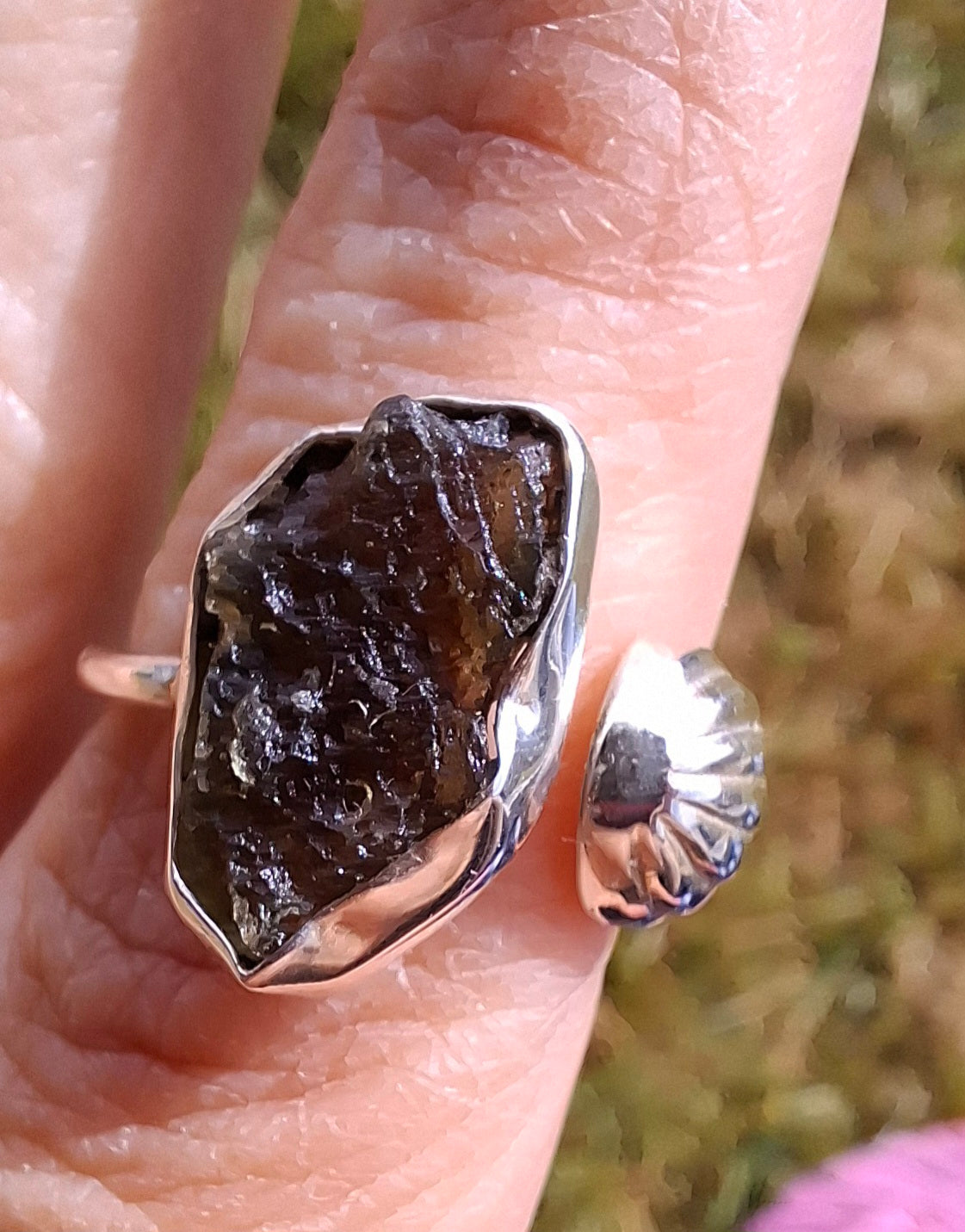 Moldavite ADJUSTABLE Ring, size large O, 925 Silver, Tektite (Ref: AR44)
