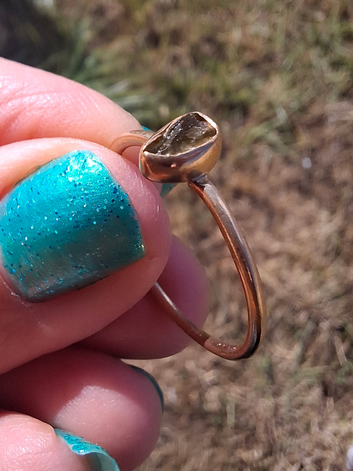 Moldavite Ring, 14K GOLD Plated, size large S, Tektite (Ref: R345)