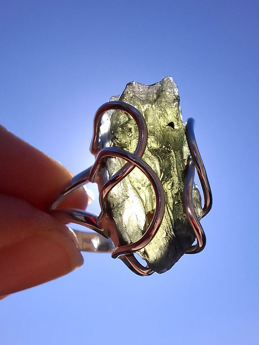 Moldavite Ring, size O, 925 Silver, Tektite (Ref: R8)