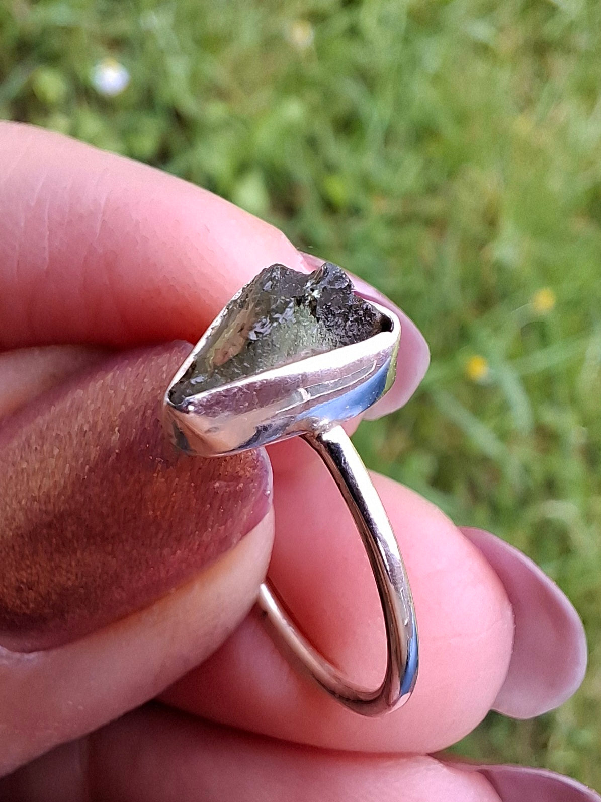 Moldavite Ring, size large K/small L, 925 Silver, Tektite (Ref: R57)