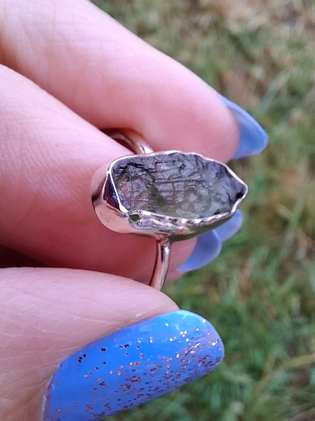 Moldavite Ring, size large R, 925 Silver, Tektite (Ref: R27)