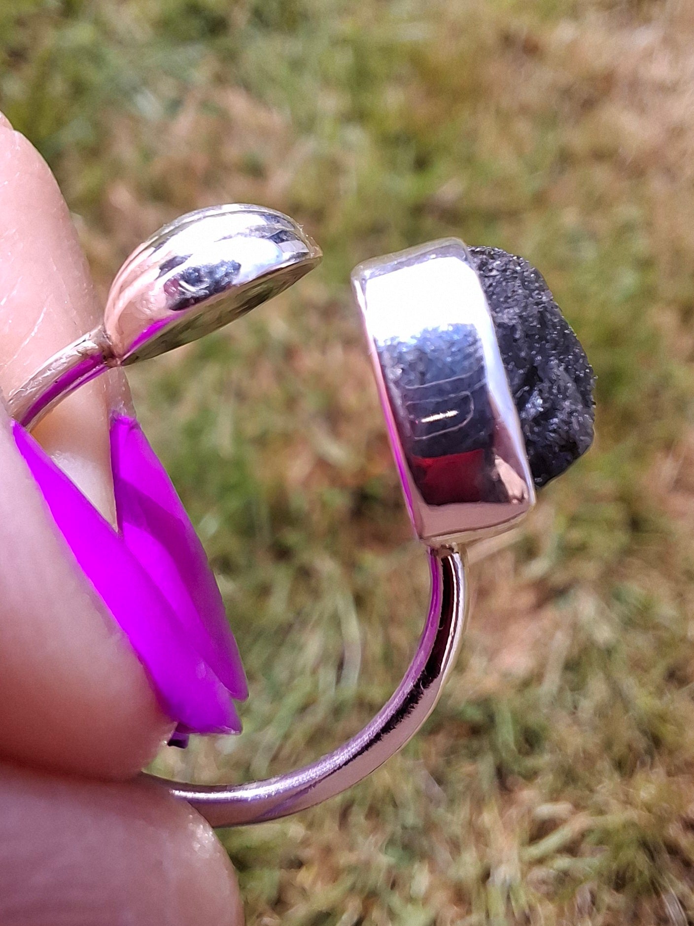 Moldavite ADJUSTABLE Ring, size large N, 925 Silver, Tektite (Ref: AR 39)