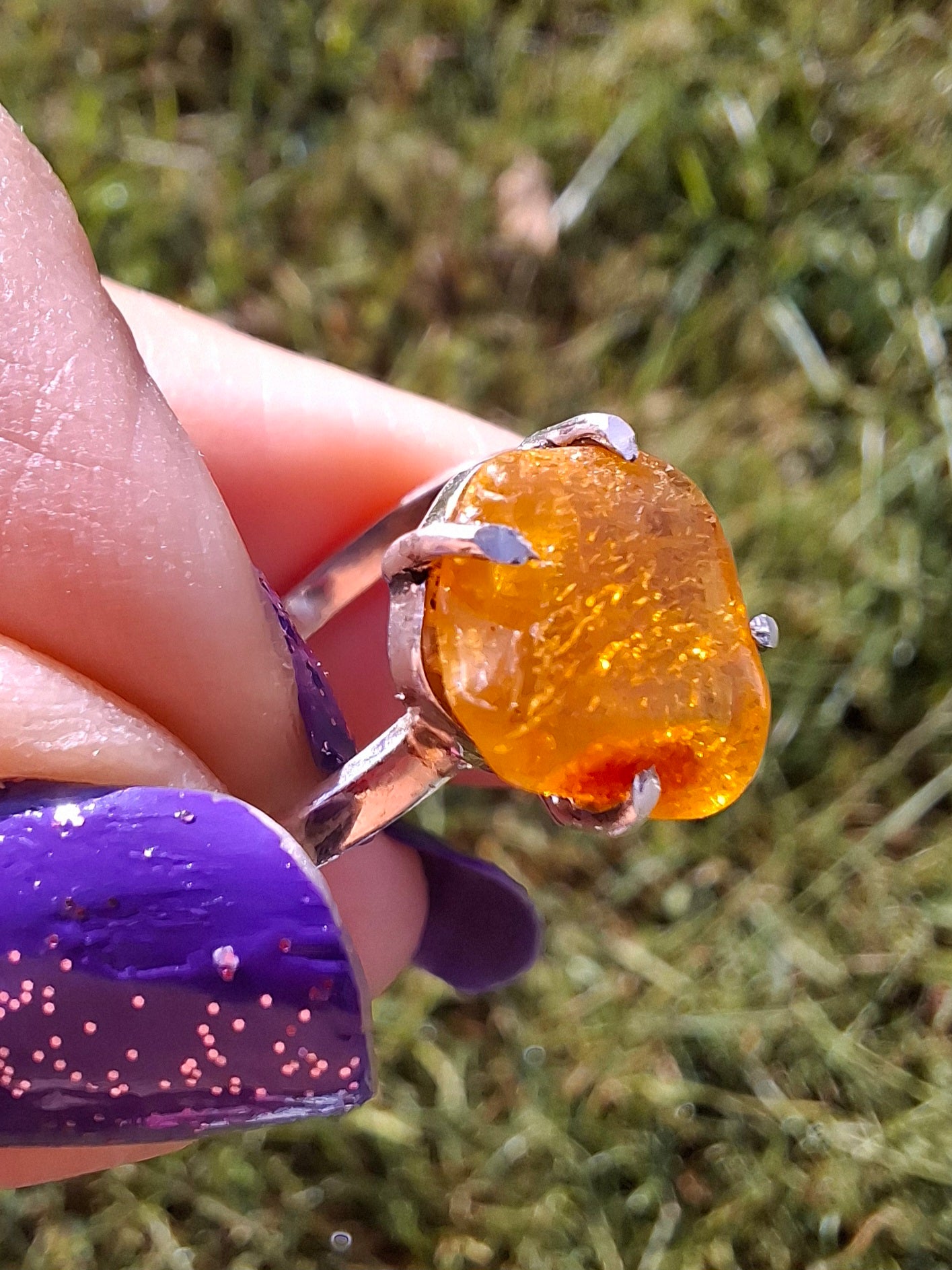 Baltic Amber Ring, size large R, 925 Silver, Fossil (Ref: AR16)