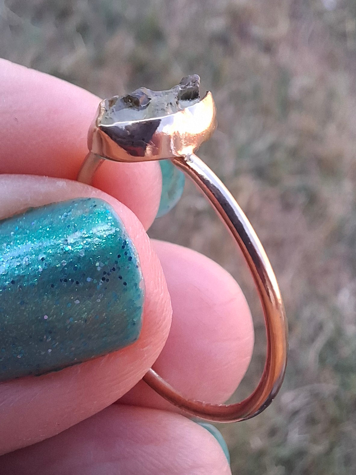 Moldavite Ring, 14K GOLD Plated, size large T, Tektite (Ref: R347)