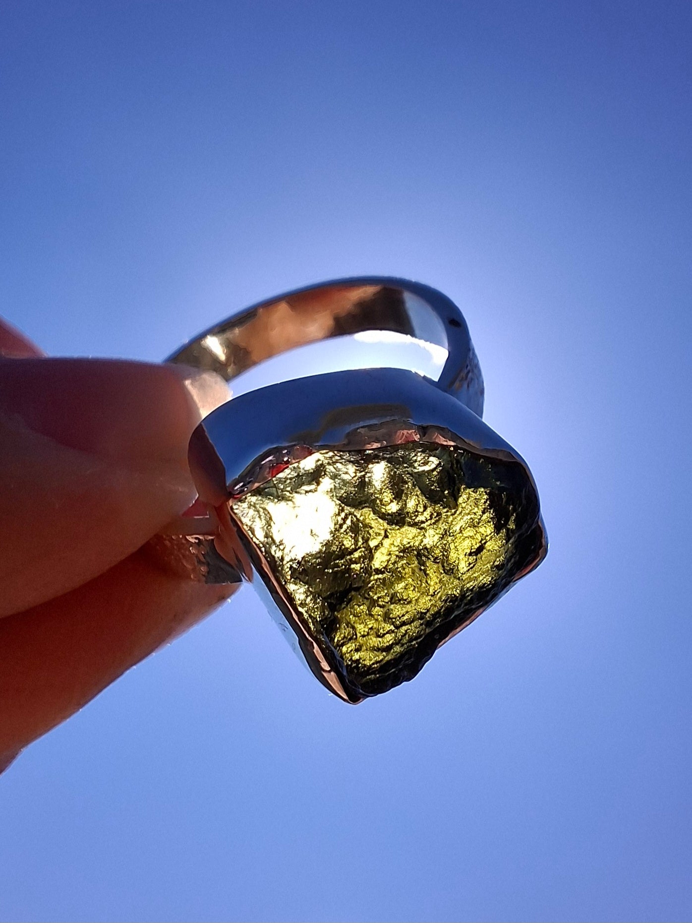 Moldavite Ring, size P, 925 Silver, Tektite (Ref: R314)