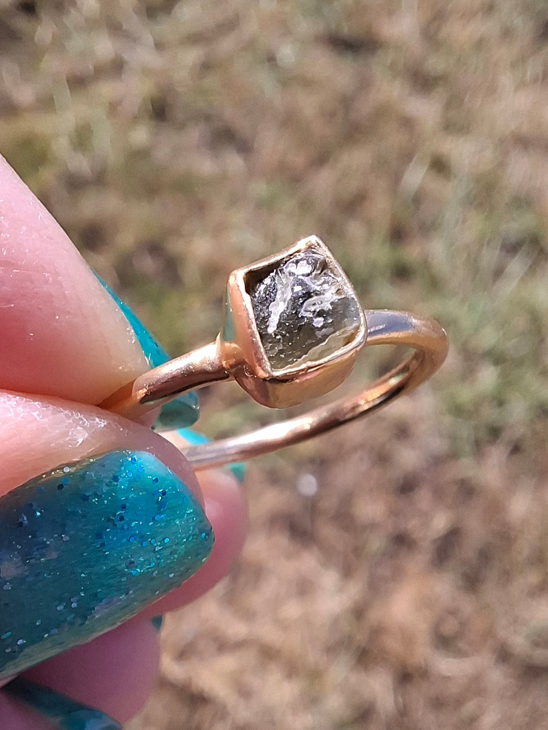 Moldavite Ring, 14K GOLD Plated, size small i, Tektite (Ref: R333)