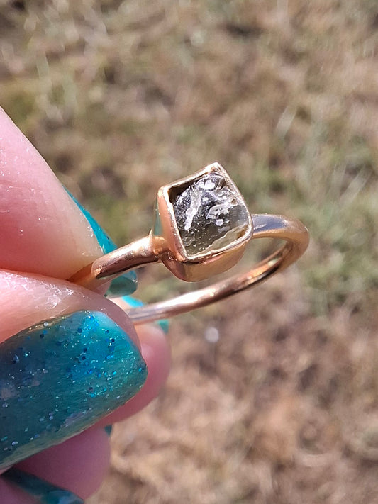 Moldavite Ring, 14K GOLD Plated, size small i, Tektite (Ref: R333)