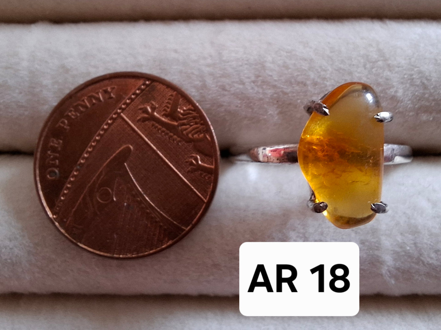 Baltic Amber Ring, size large T, 925 Silver, Fossil (Ref: AR18)