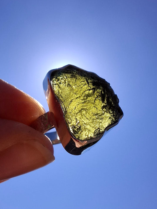 Moldavite Ring, size K, 925 Silver, Tektite (Ref: R300)