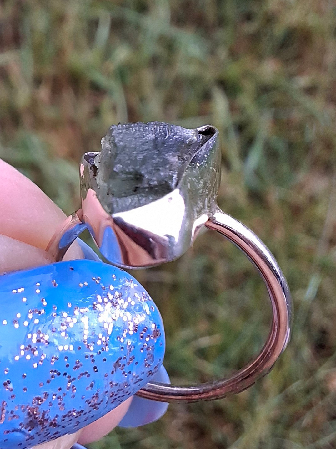 Moldavite Ring, size large G/small H, 925 Silver, Tektite (Ref: R19)