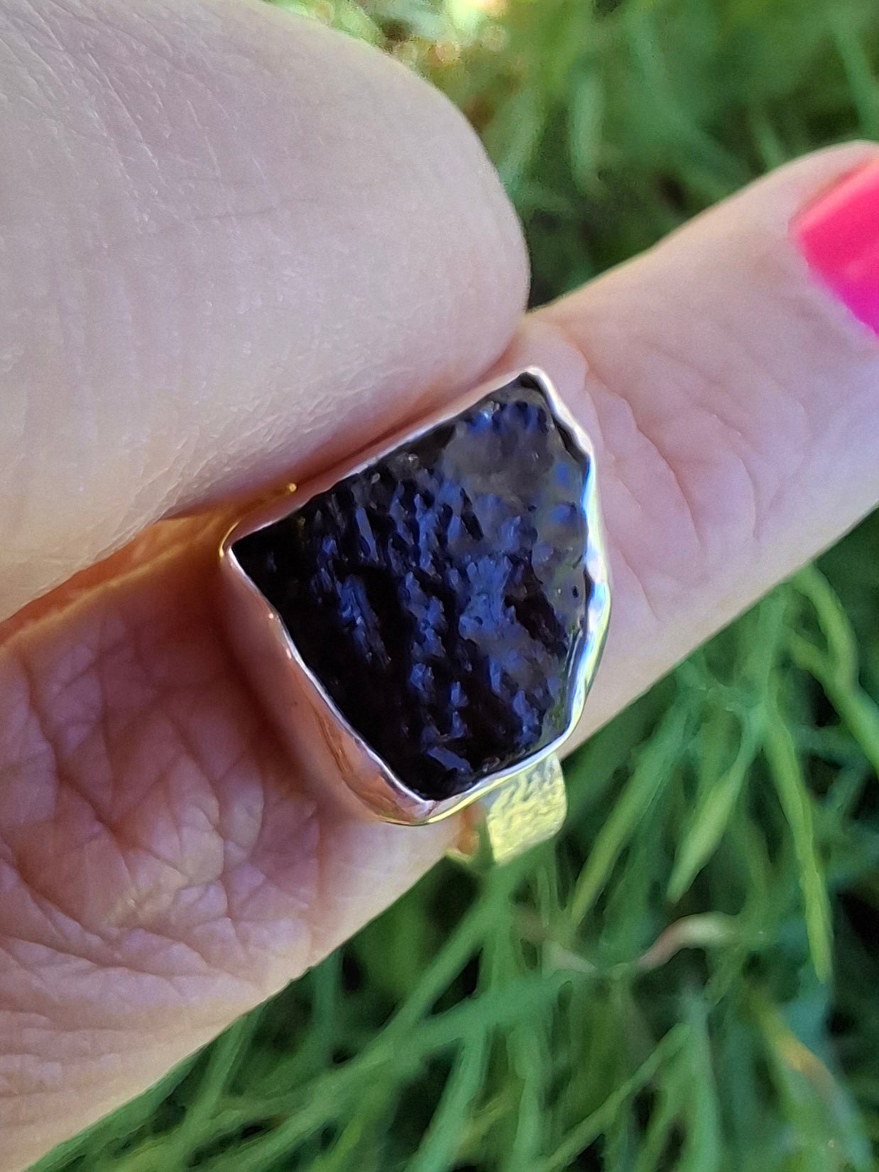 Moldavite Ring, size P, 925 Silver, Tektite (Ref: R314)