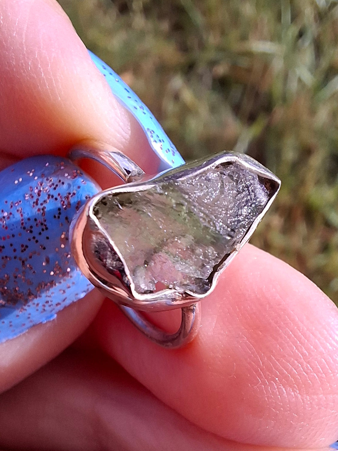 Moldavite Ring, size large G/small H, 925 Silver, Tektite (Ref: R19)