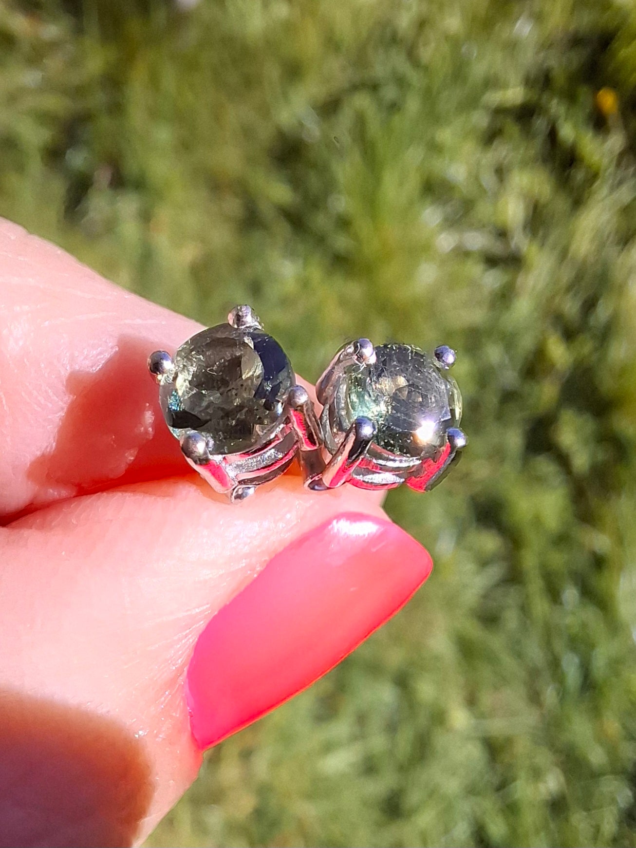 Moldavite (faceted) 5mm STUD EARRINGS, 925 Silver, Tektite (Ref: Pair43)