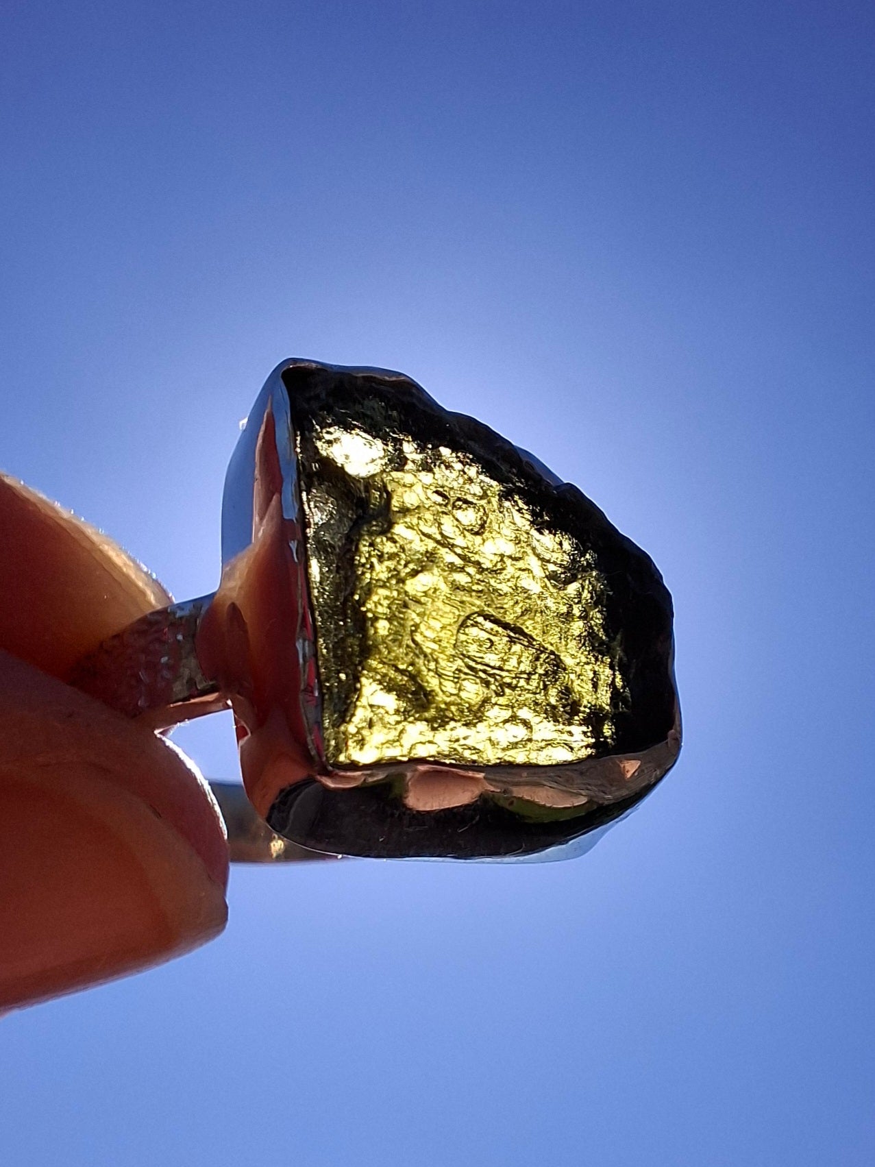 Moldavite Ring, size P, 925 Silver, Tektite (Ref: R314)