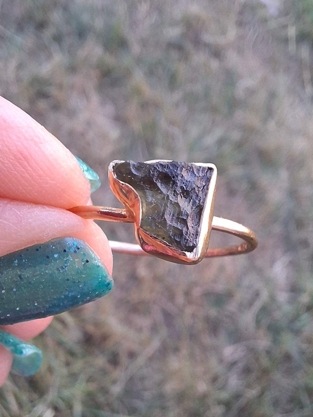 Moldavite Ring, 14K GOLD Plated, size large U, Tektite (Ref: R351)