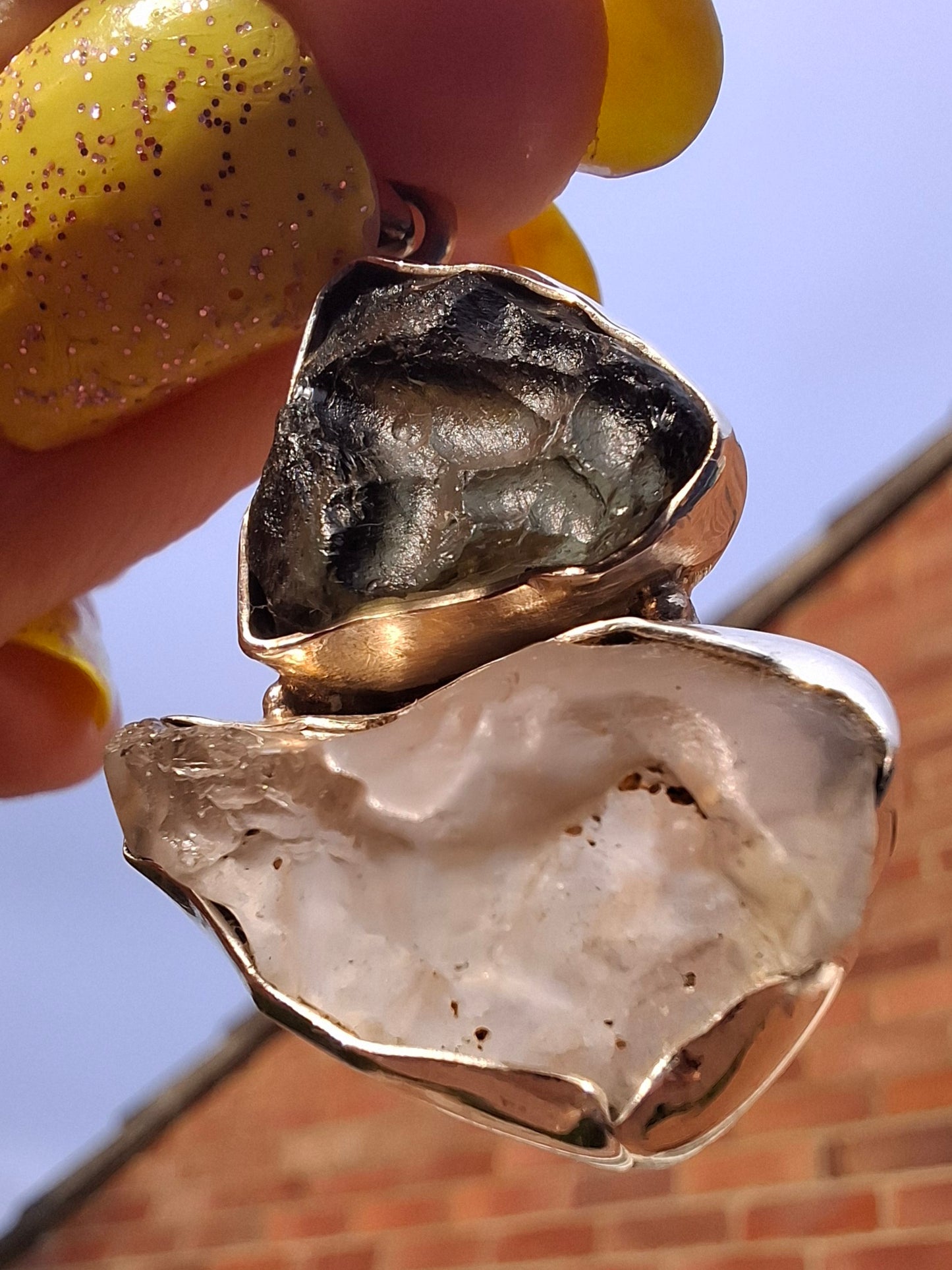 Moldavite & Libyan Desert Glass Pendant, 925 Silver, Tektite (Ref: MLP18)