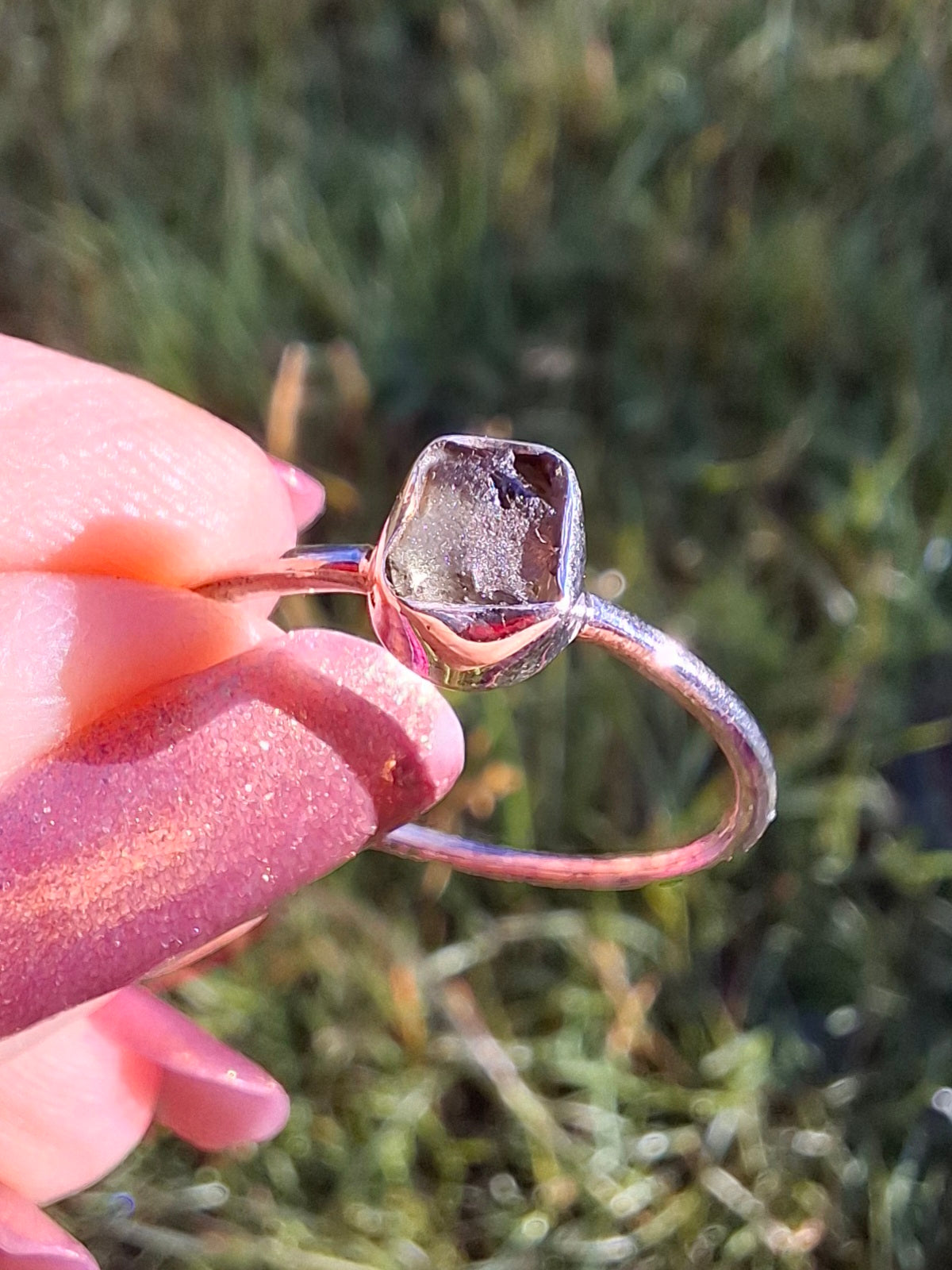 Moldavite Ring, size small Q, 925 Silver, Tektite (Ref: R44)