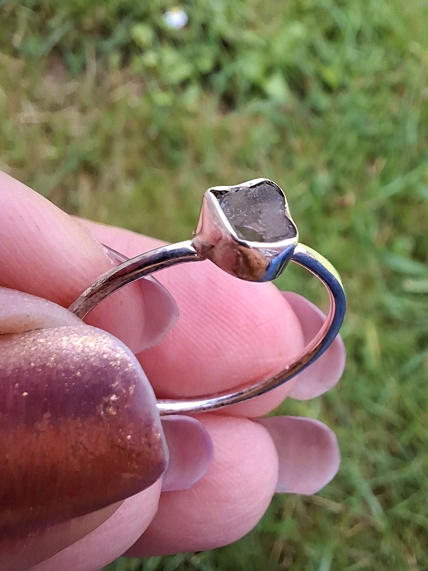 Moldavite Ring, size small Q, 925 Silver, Tektite (Ref: R44)