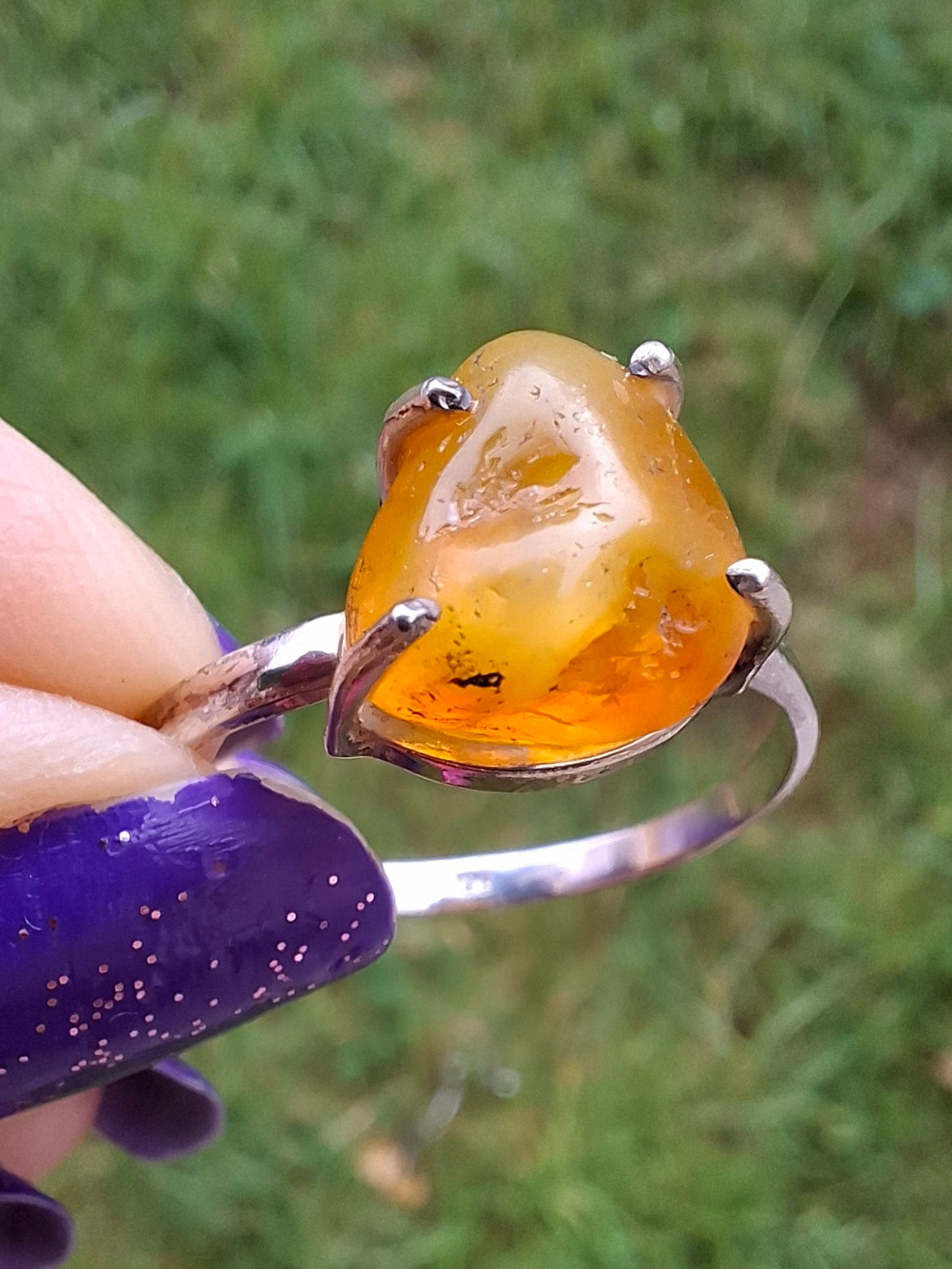 Baltic Amber Ring, size large Y, 925 Silver, Fossil (Ref: AR39)