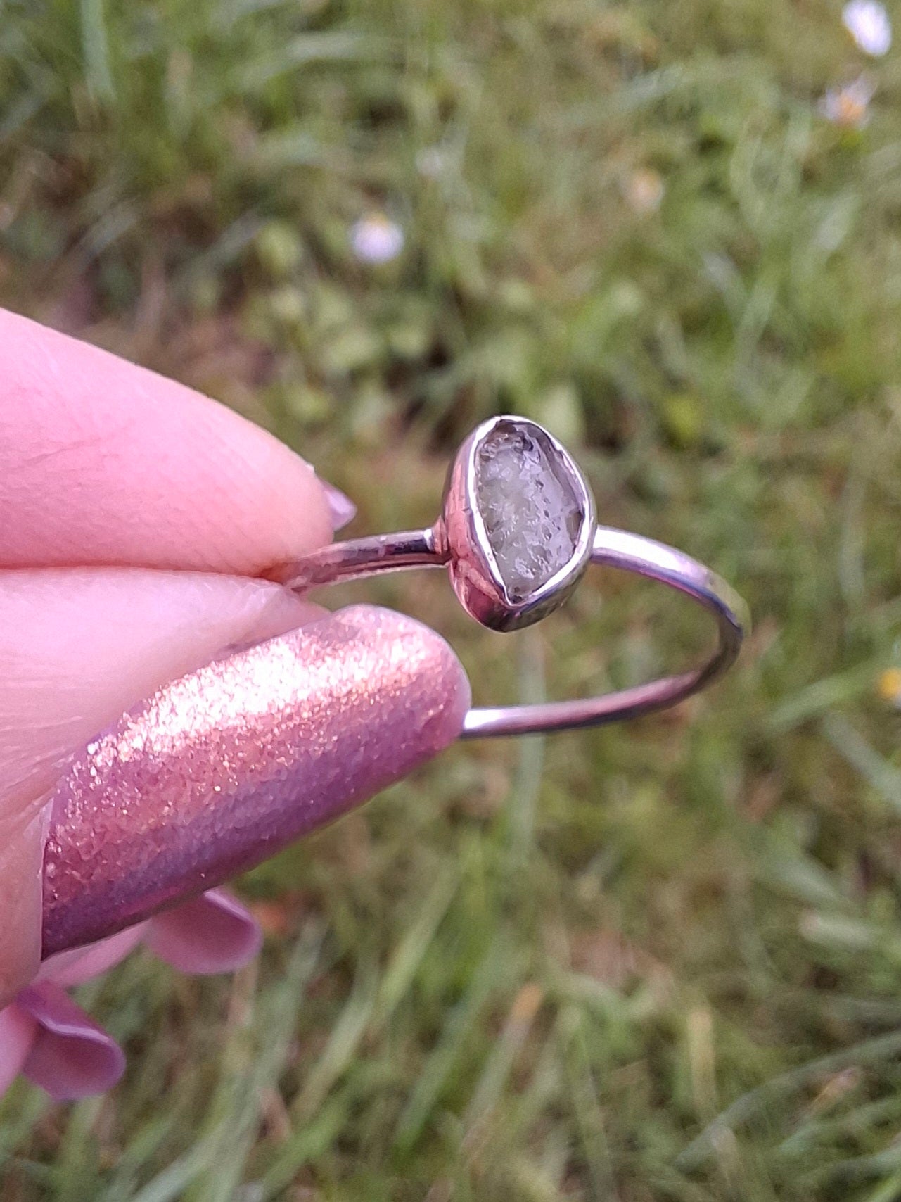 Moldavite Ring, size small T, 925 Silver, Tektite (Ref: R69)