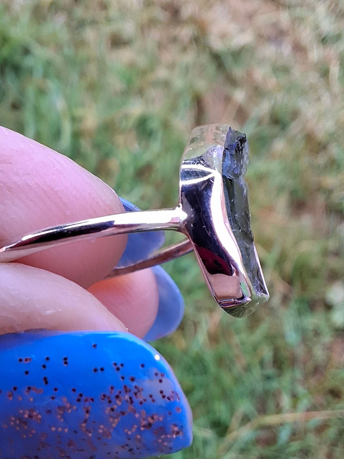 Moldavite Ring, size large M, 925 Silver, Tektite (Ref: R24)