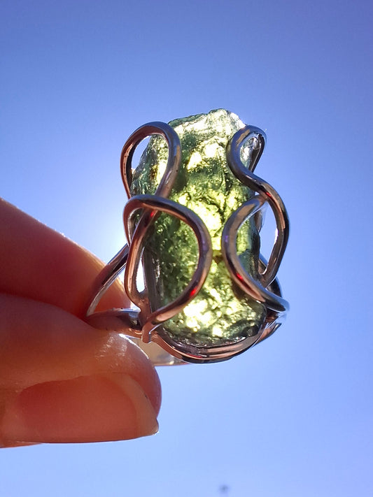 Moldavite Ring, size O, 925 Silver, Tektite (Ref: R9)