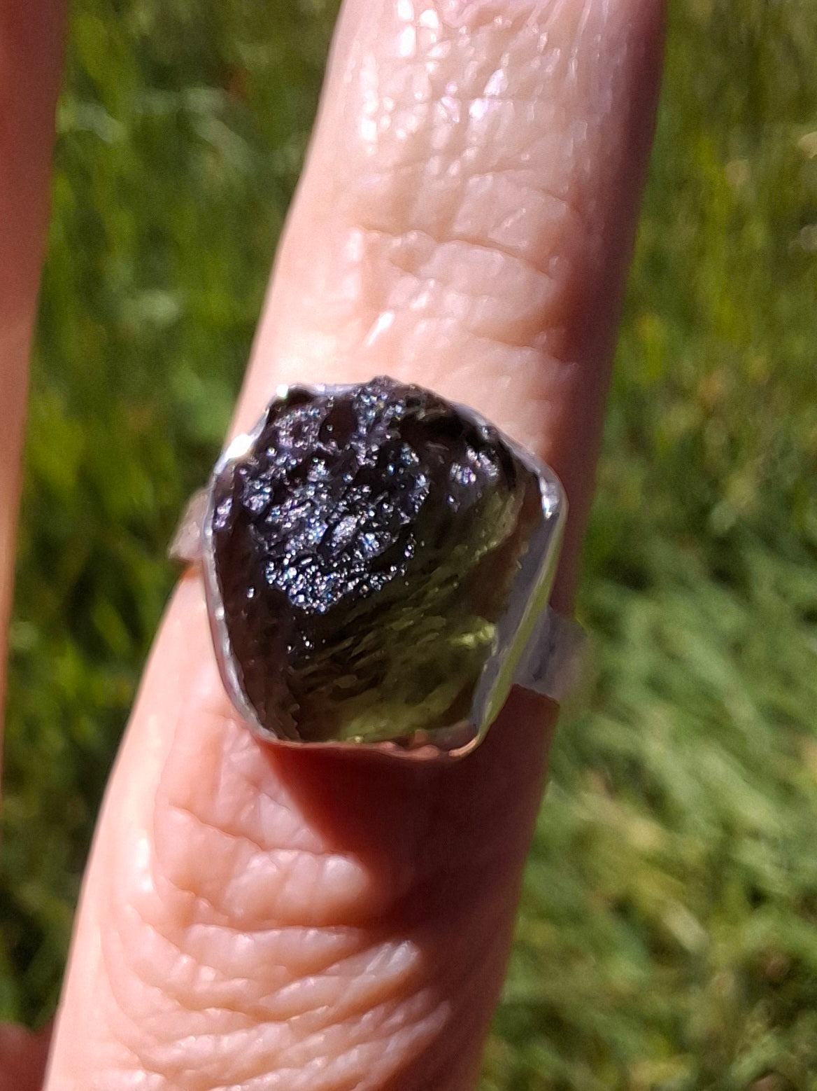 Moldavite Ring, size O, 925 Silver, Tektite (Ref: R312)