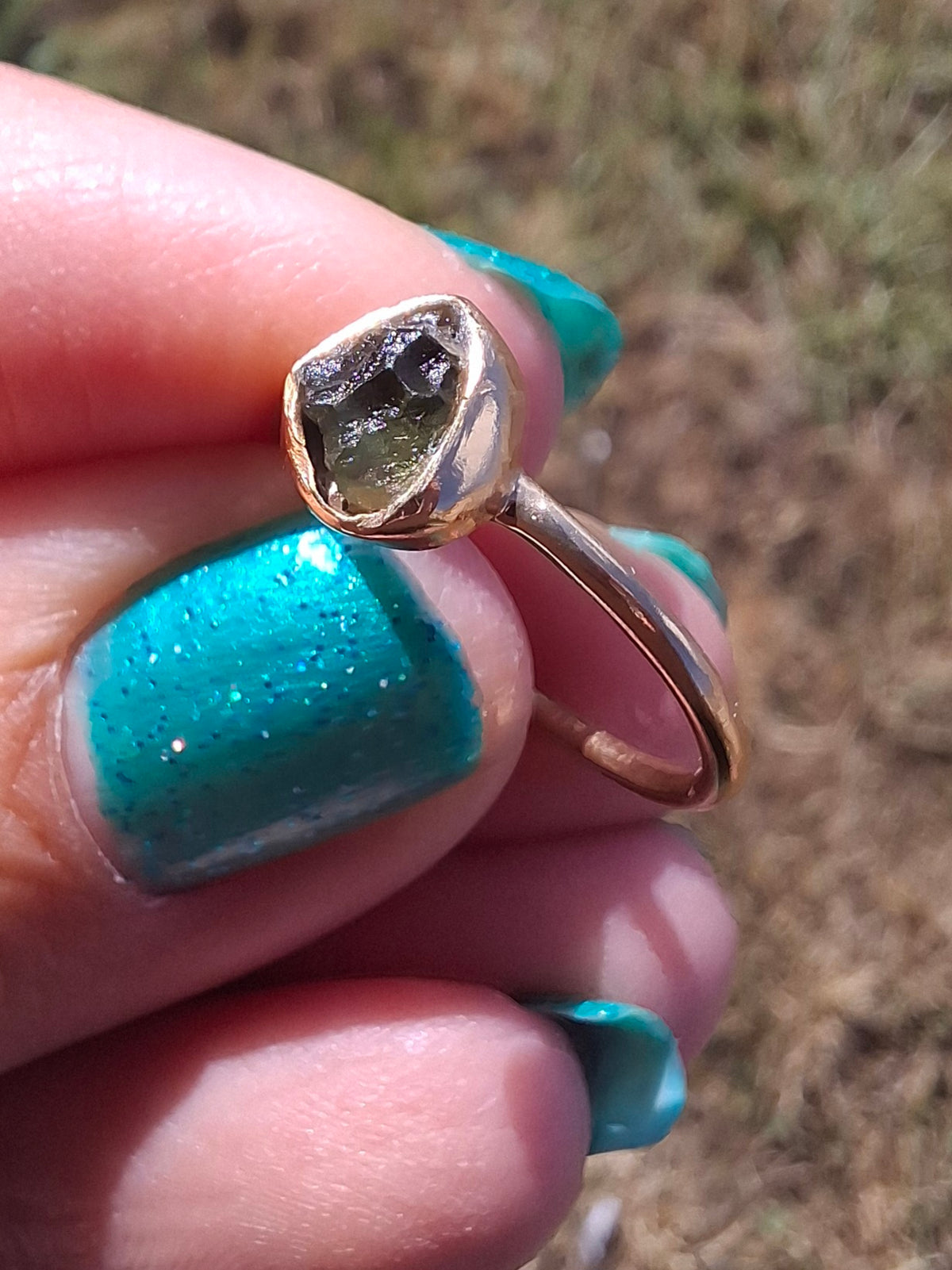 Moldavite Ring, 14K GOLD Plated, size large L, Tektite (Ref: R343)