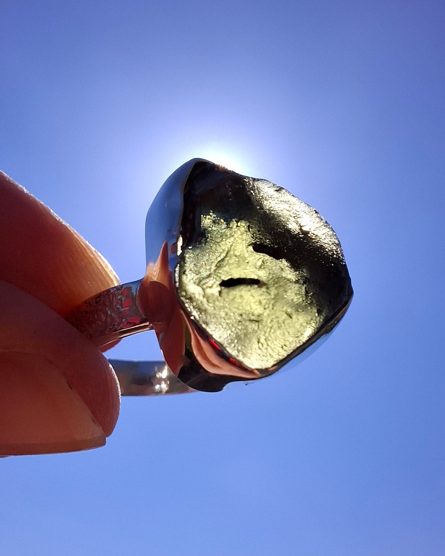 Moldavite Ring, size R, 925 Silver, Tektite (Ref: R317)