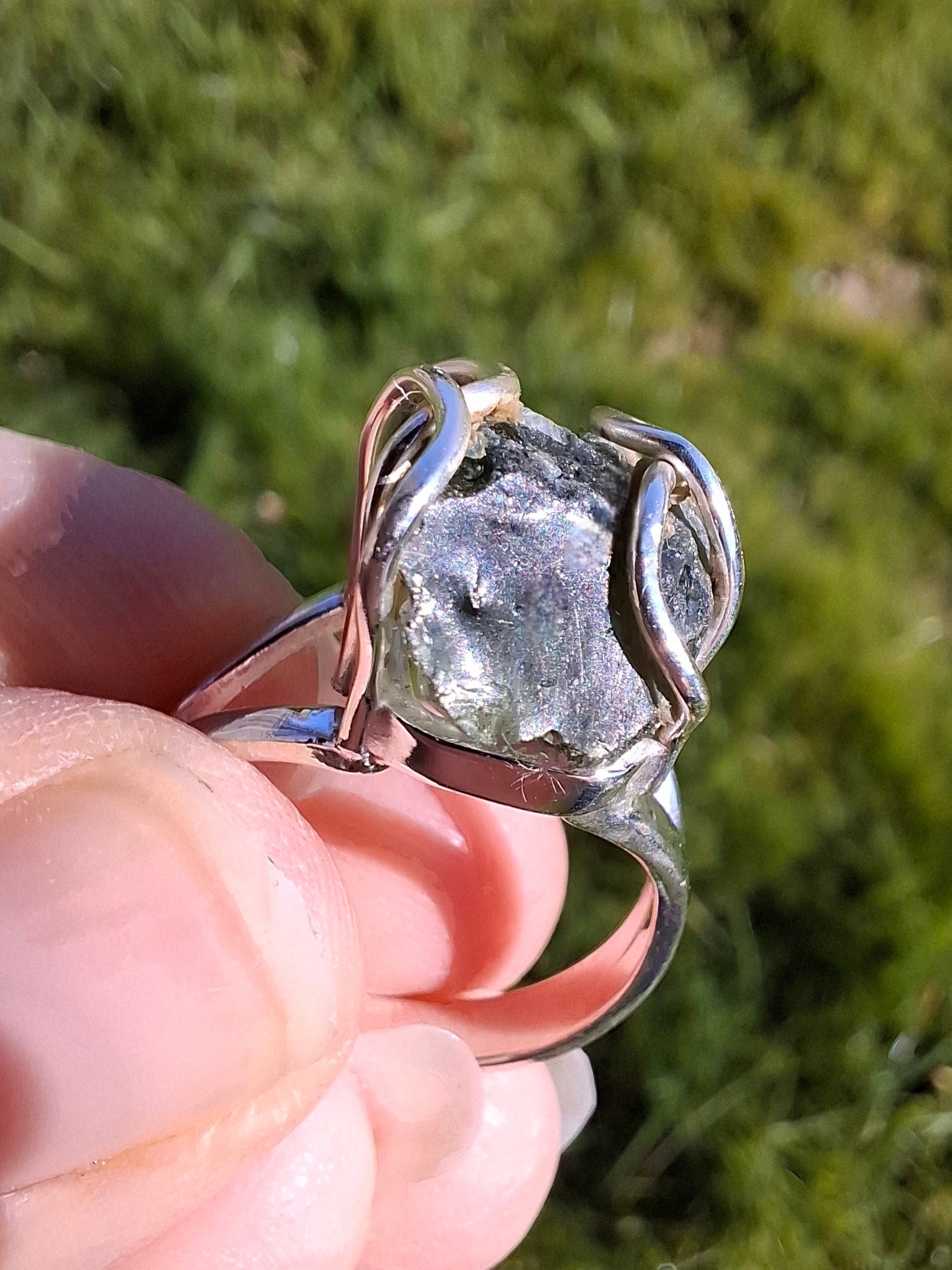 Moldavite Ring, size Q, 925 Silver, Tektite (Ref: R11)