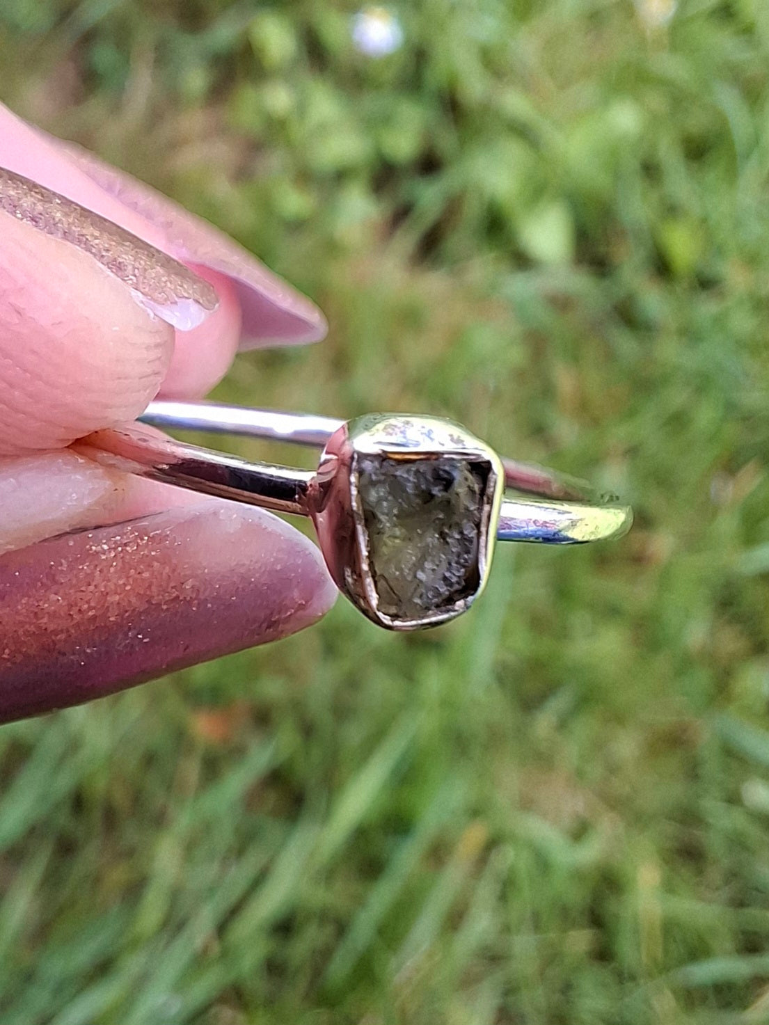 Moldavite Ring, size large O/small P, 925 Silver, Tektite (Ref: R41)
