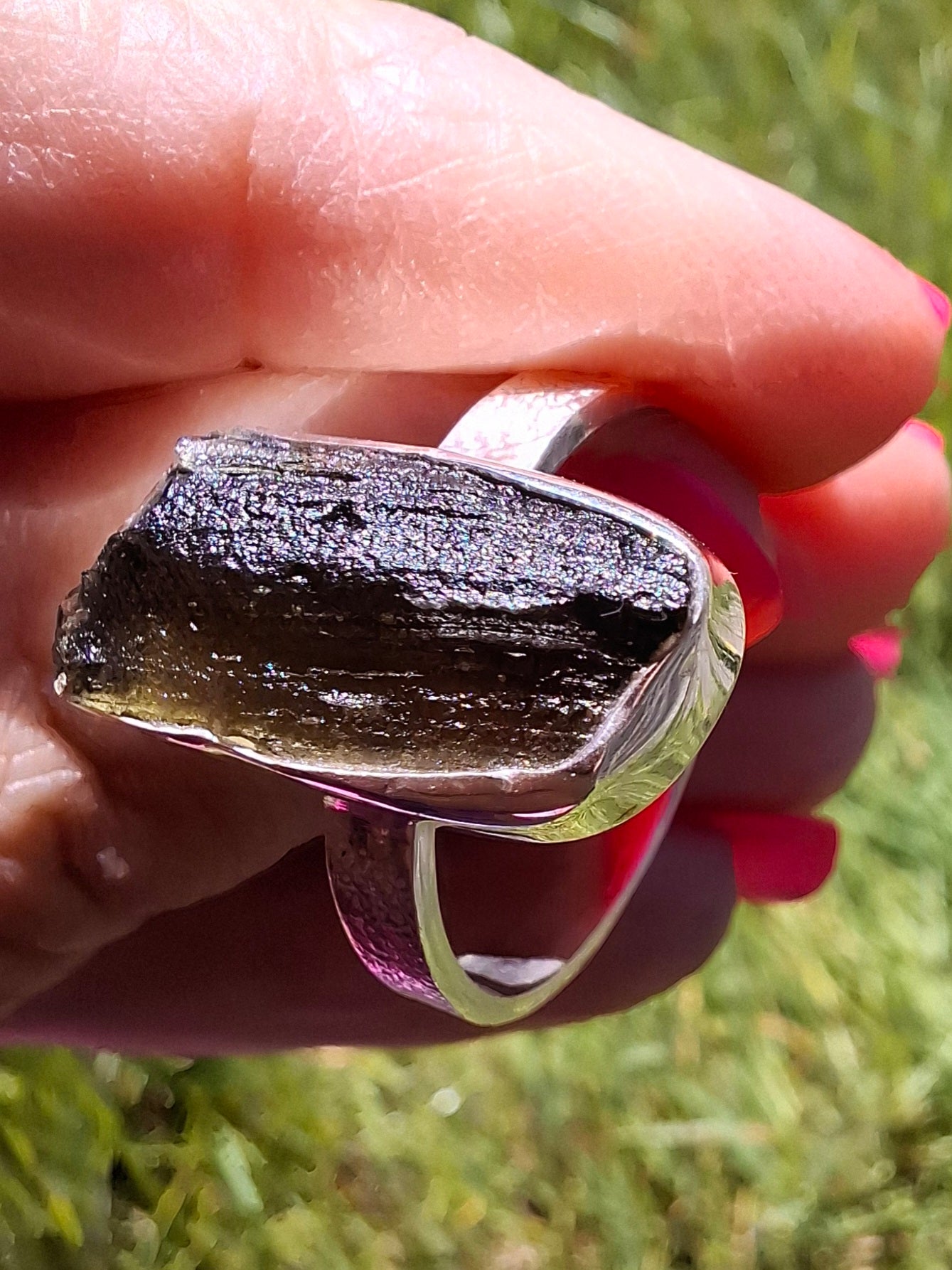 Moldavite Ring, size large Y/small Z, 925 Silver, Tektite (Ref: R332)