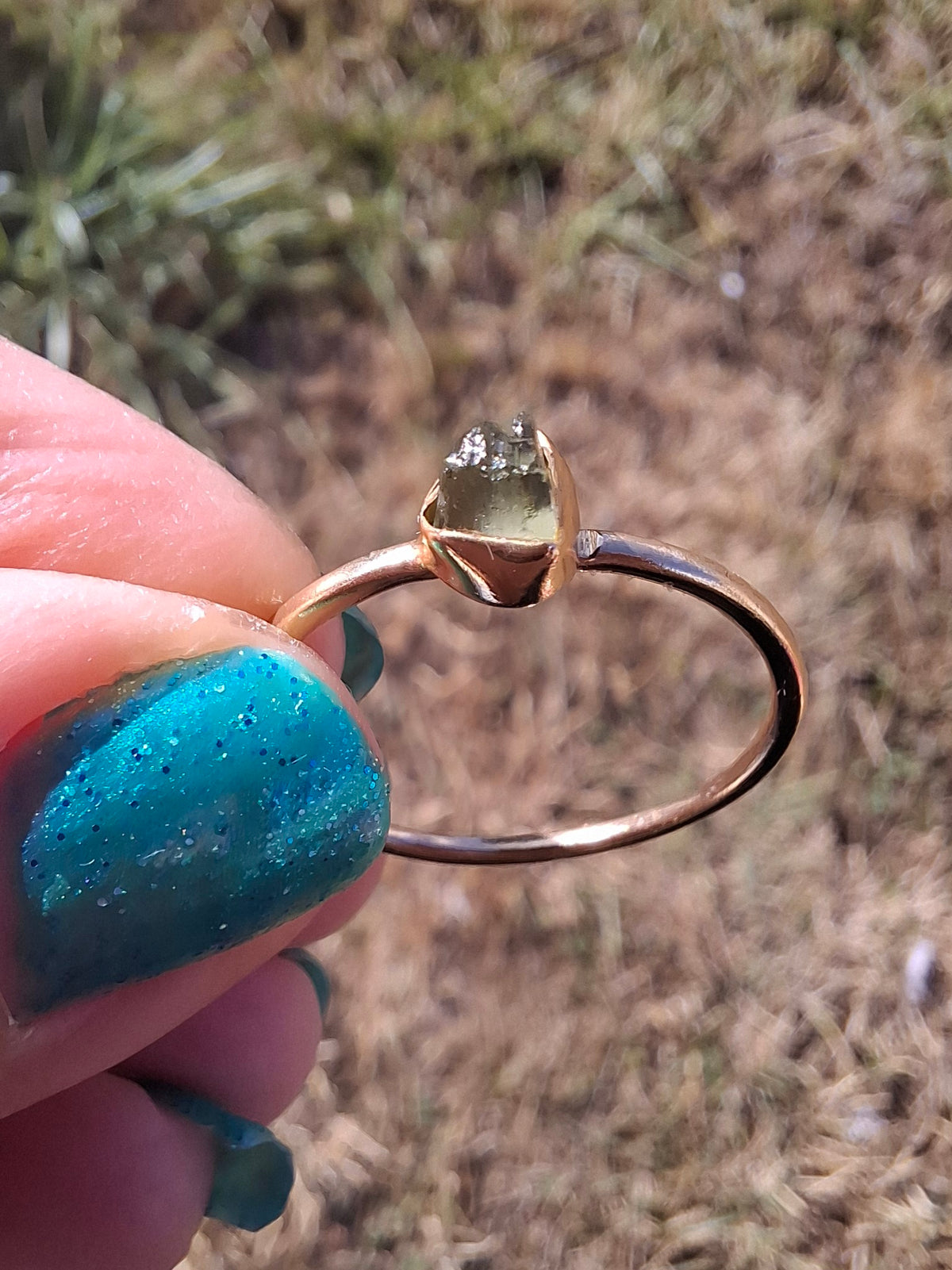 Moldavite Ring, 14K GOLD Plated, size large S / small T, Tektite (Ref: R352)
