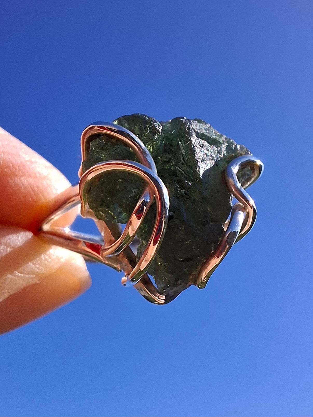 Moldavite Ring, size large L/small M, 925 Silver, Tektite (Ref: R4)