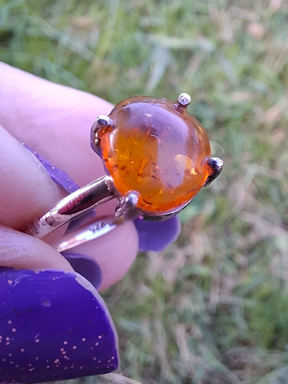 Baltic Amber Ring, size large W, 925 Silver, Fossil (Ref: AR27)