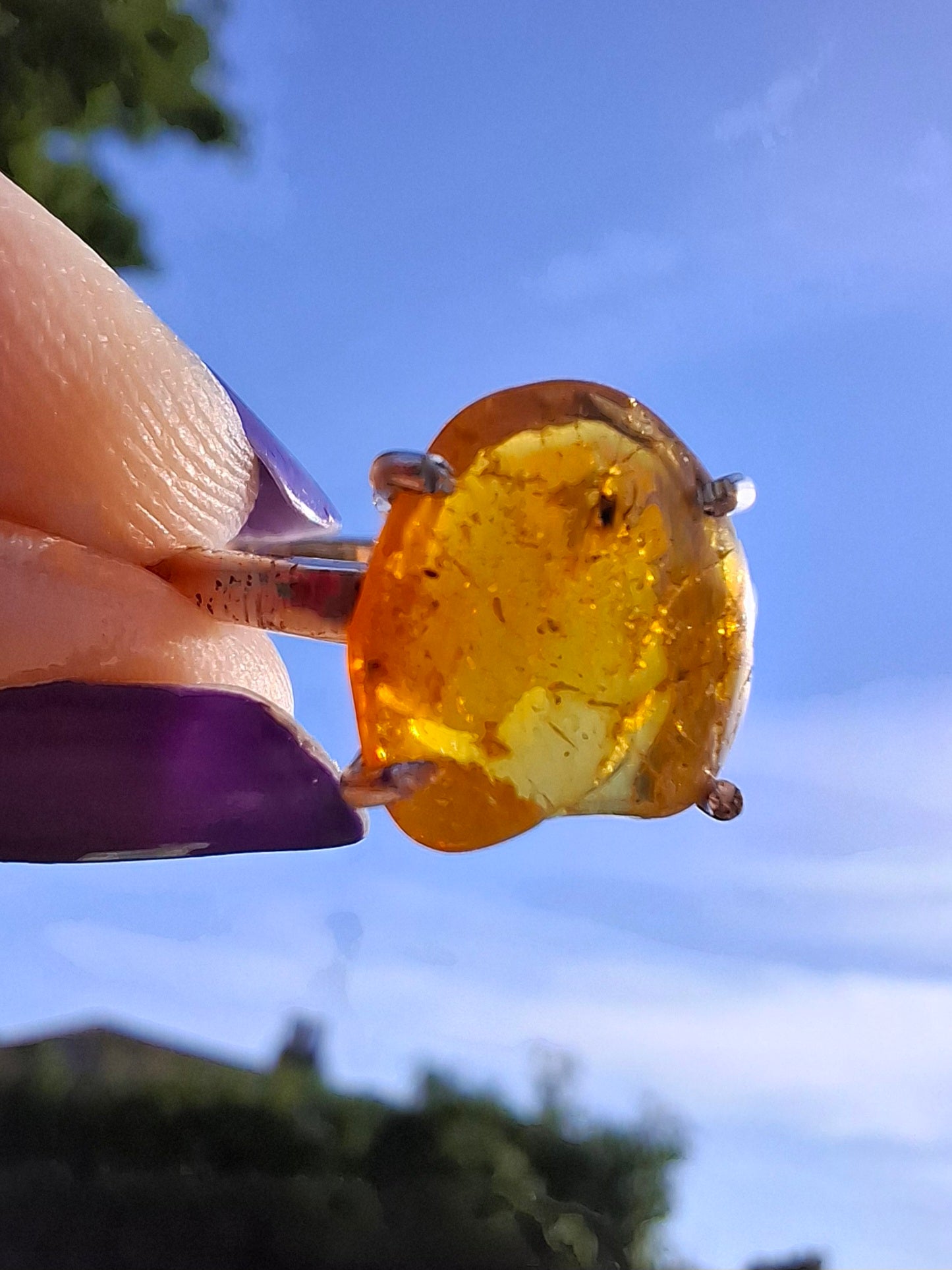 Baltic Amber Ring, size large Q, 925 Silver, Fossil (Ref: AR14)
