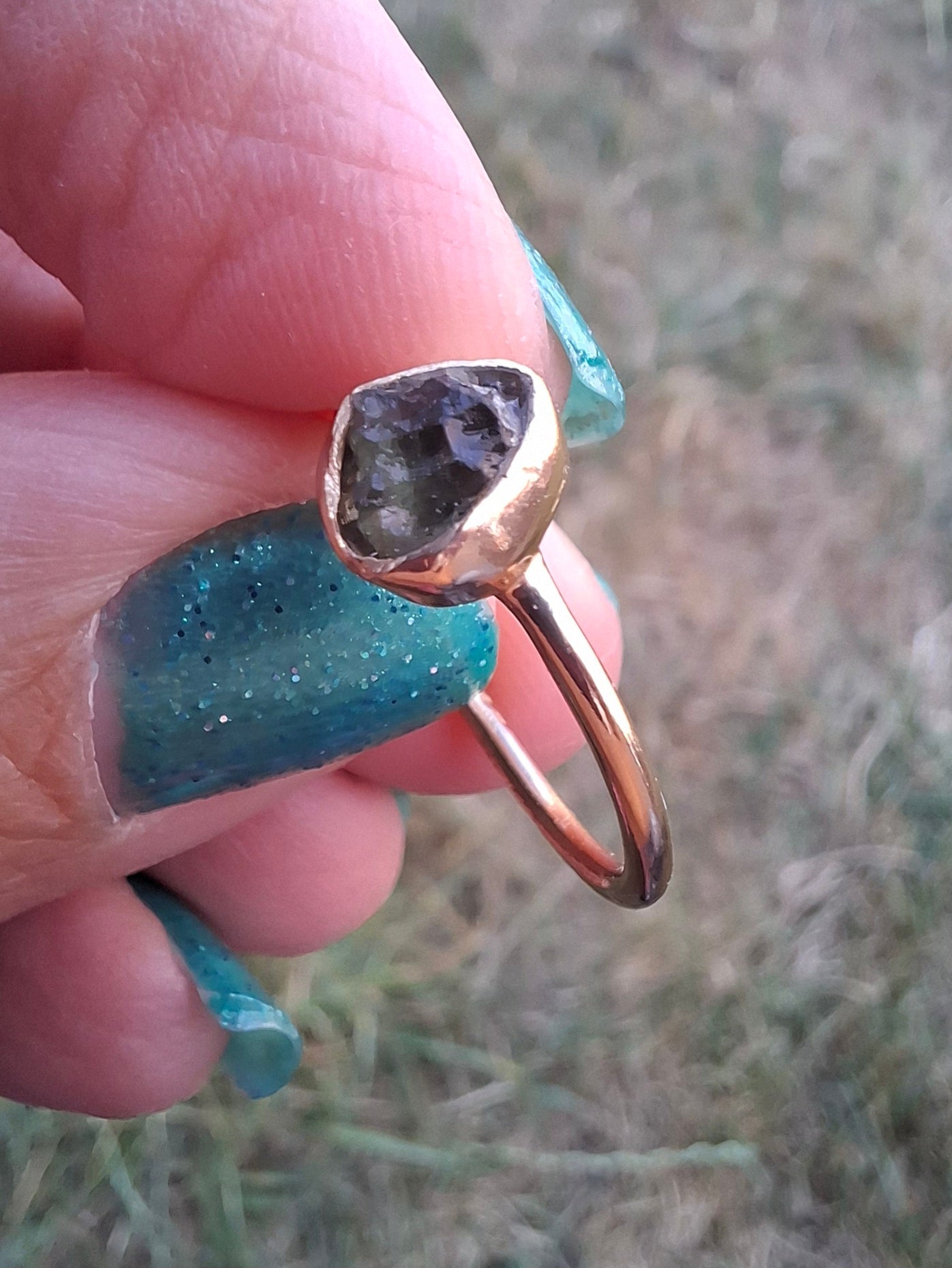 Moldavite Ring, 14K GOLD Plated, size large L, Tektite (Ref: R343)