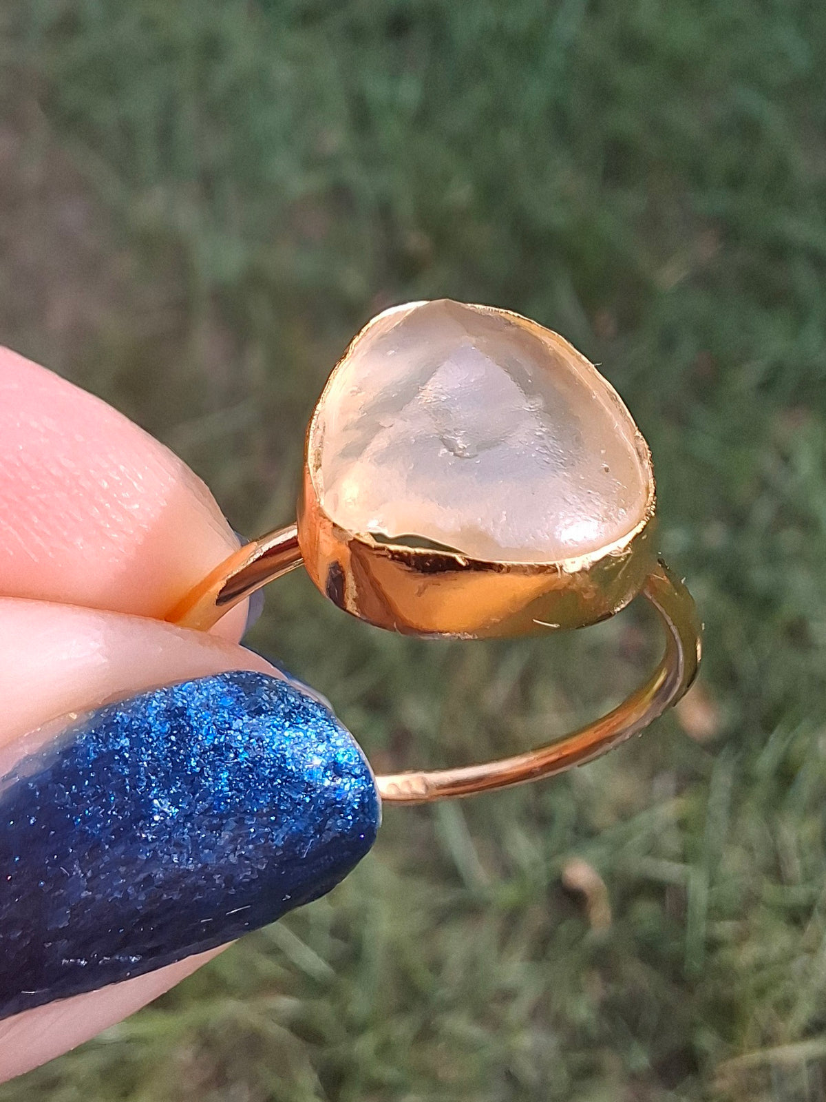 Libyan Desert Glass Ring, 14K GOLD Plated, size large Q, Tektite (Ref: LR80)