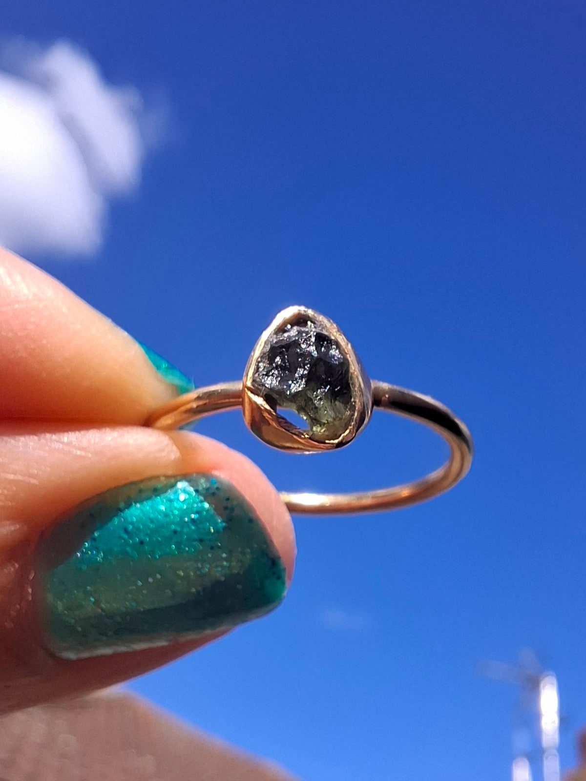 Moldavite Ring, 14K GOLD Plated, size large L, Tektite (Ref: R343)