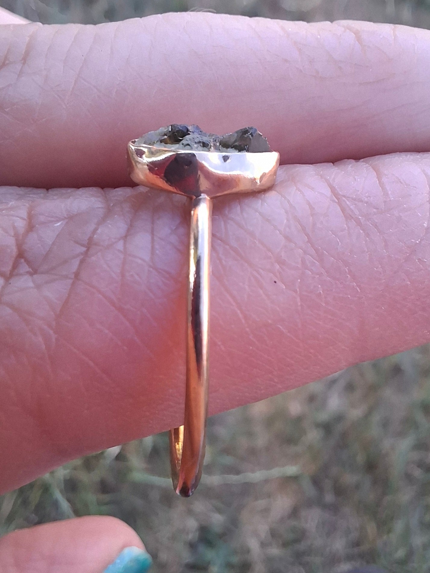 Moldavite Ring, 14K GOLD Plated, size large T, Tektite (Ref: R347)