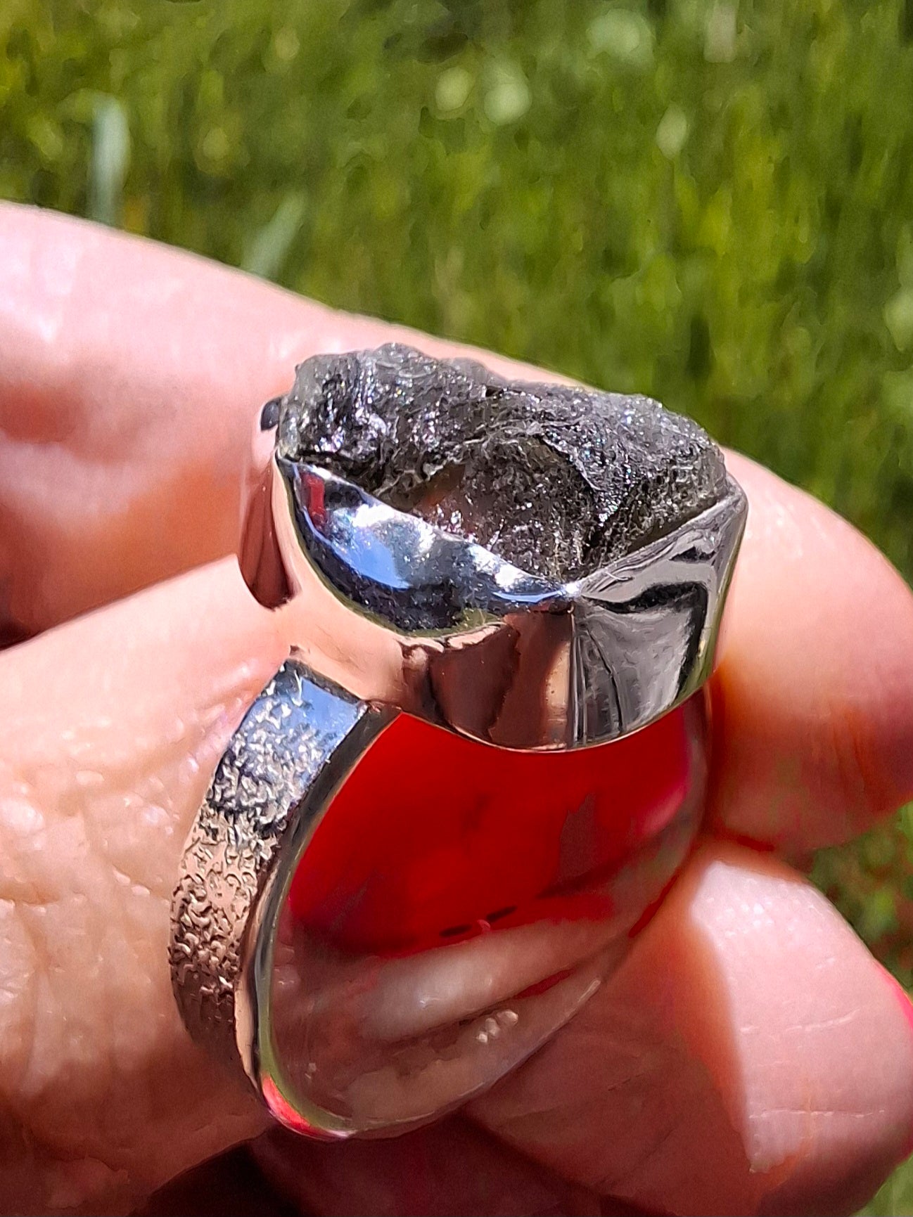 Moldavite Ring, size R, 925 Silver, Tektite (Ref: R318)