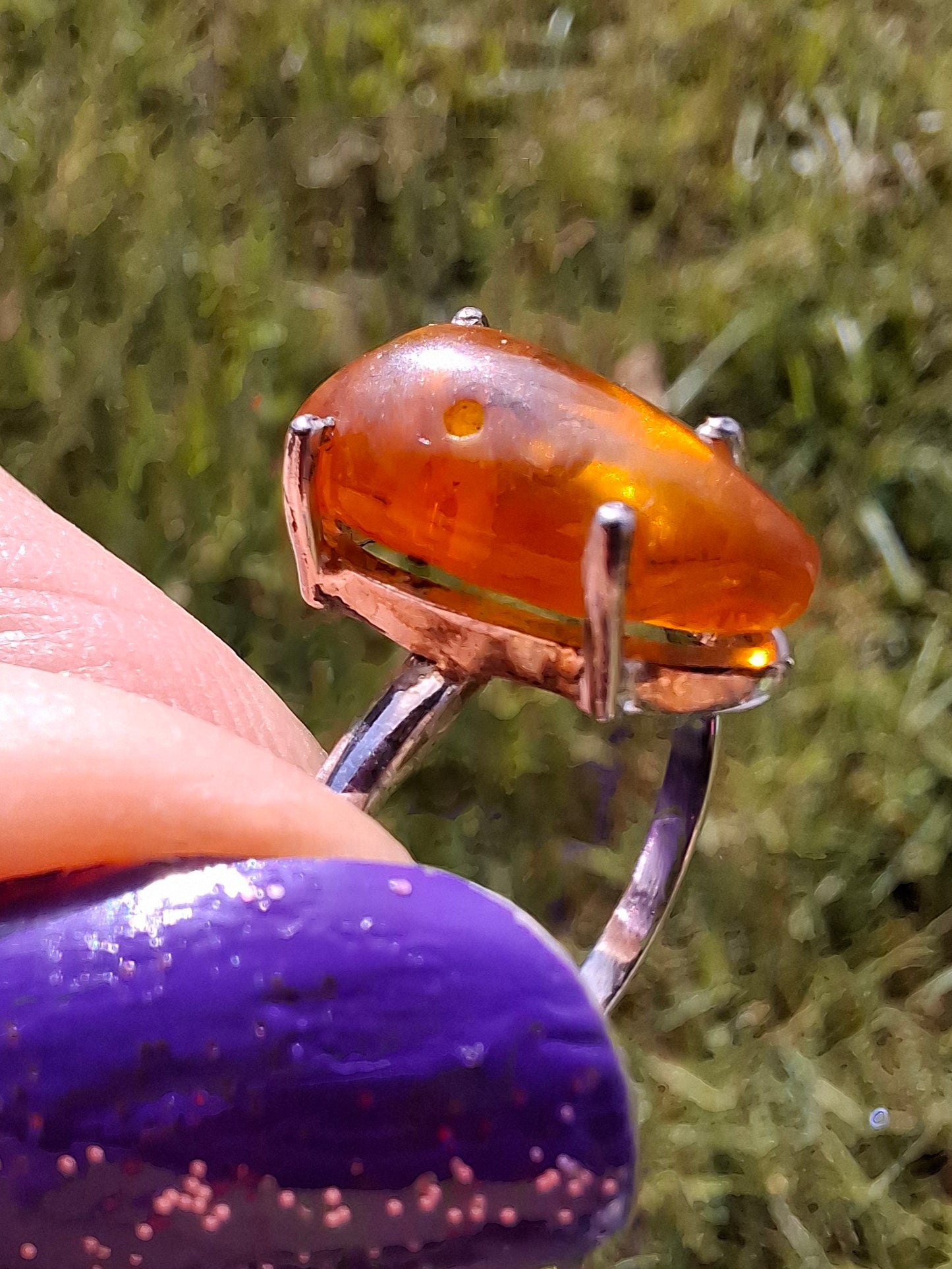 Baltic Amber Ring, size large V, 925 Silver, Fossil (Ref: AR23)