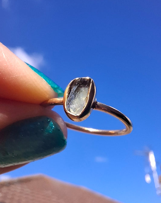 Moldavite Ring, 14K GOLD Plated, size small L, Tektite (Ref: R342)