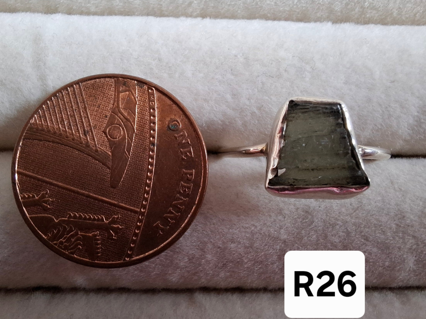 Moldavite Ring, size large P/small Q, 925 Silver, Tektite (Ref: R26)