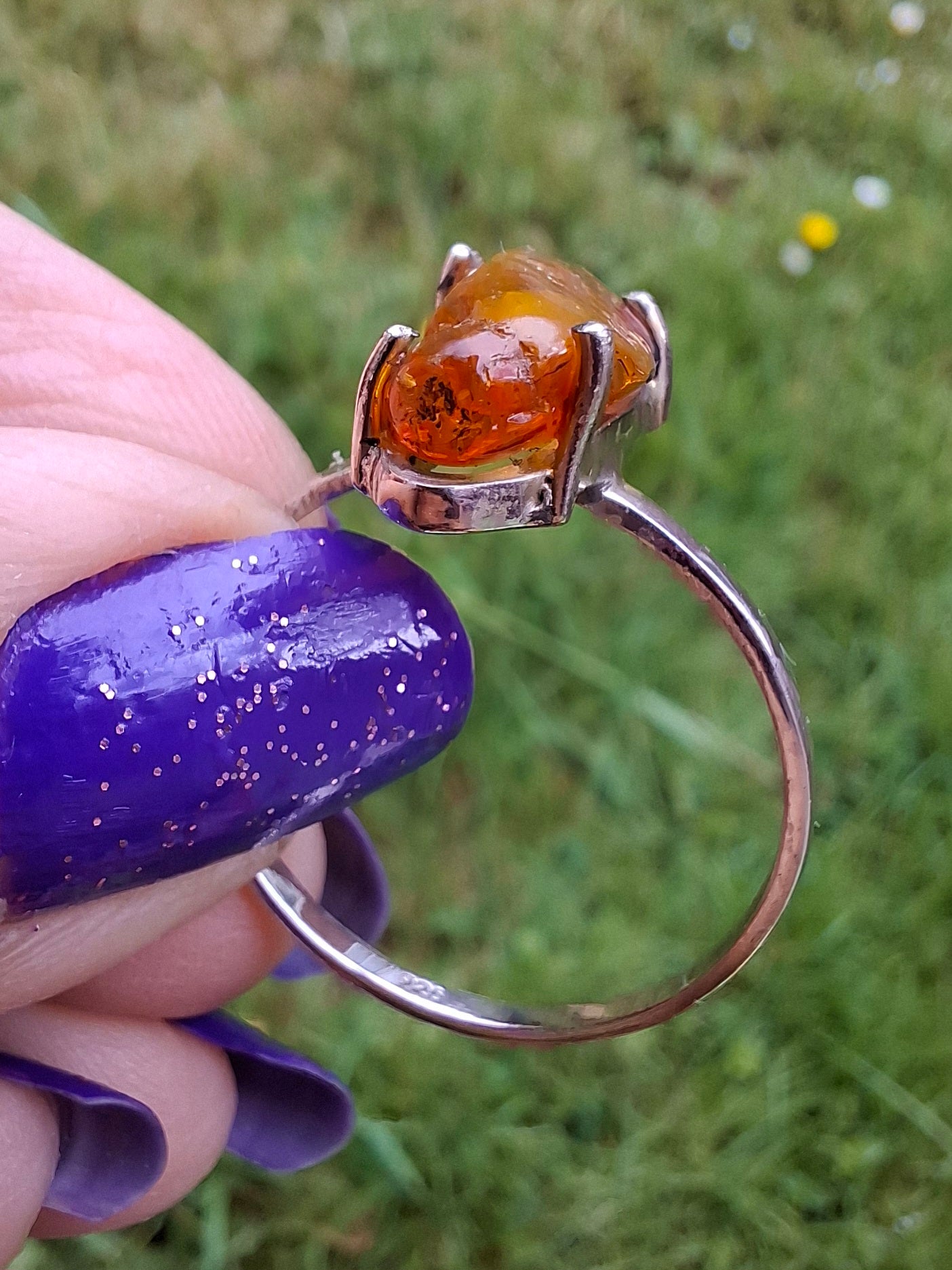 Baltic Amber Ring, size large Y, 925 Silver, Fossil (Ref: AR22)