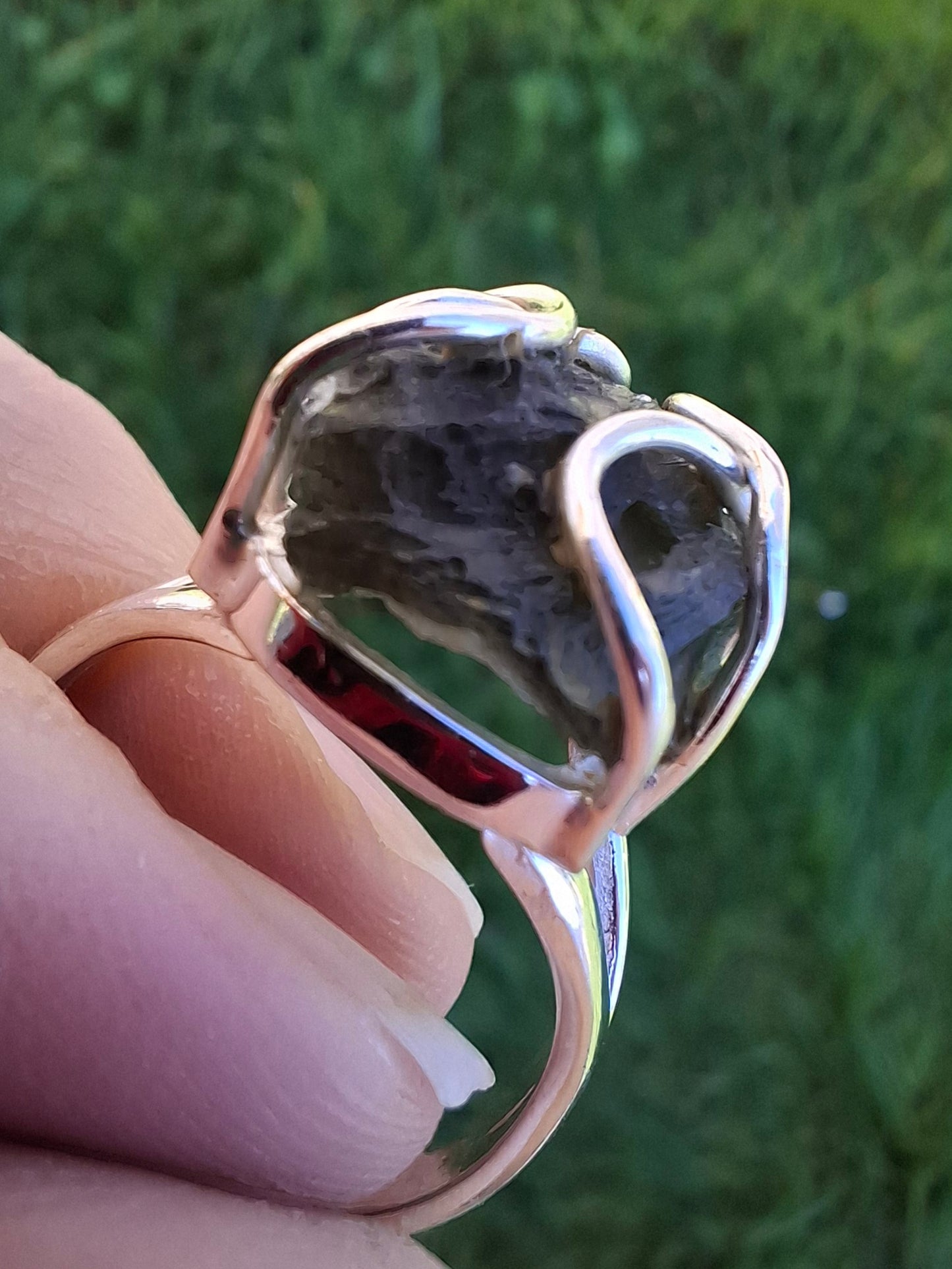 Moldavite Ring, size S, 925 Silver, Tektite (Ref: R12)